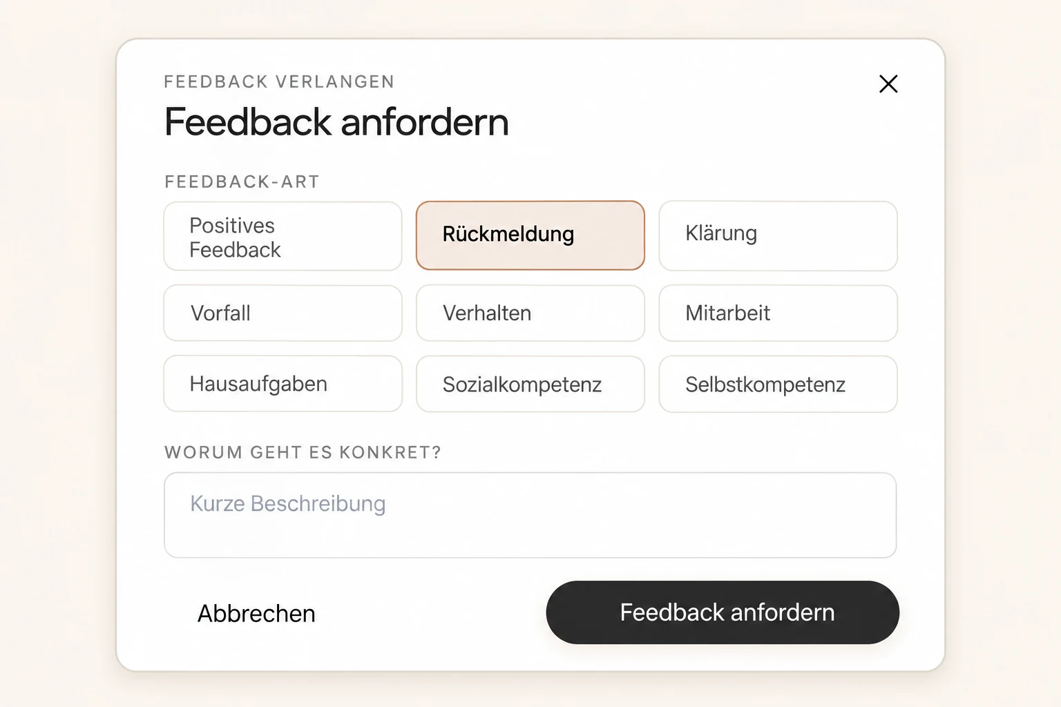 SchoolFlow: Feedback-Anfrage mit Themen wie Mitarbeit, Verhalten und Hausaufgaben.